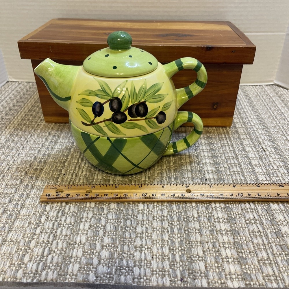 Olive Tea For One Set Teapot and Cup Stackable Kitchen Decor Ceramic - Picture 9 of 12